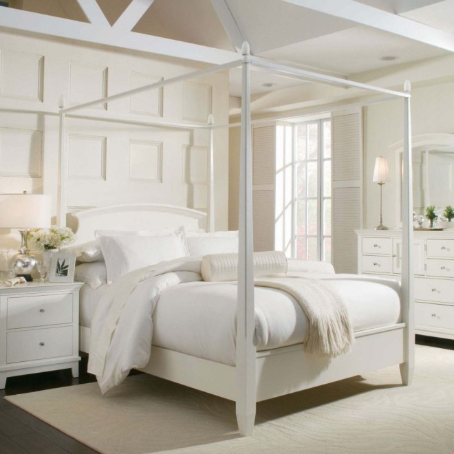 Canopy Bed Ideas For Bedroom Decorating Come With White Scheme Using White Cushions With Also Wall Paneling And Table Lamp On Bedside Table Decor Ideas X