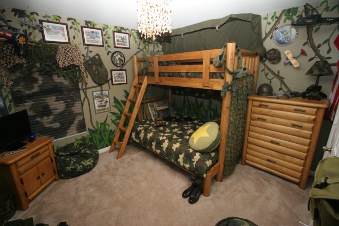 Cozy Army Kids Bedroom Ideas Theme For Boys Come With Bean Bag And Camouflage Bedding Also Forest Wallpaper Also Drawer And Rustic Wooden Furnitures Set For Bunk Bed Tv Cabinet